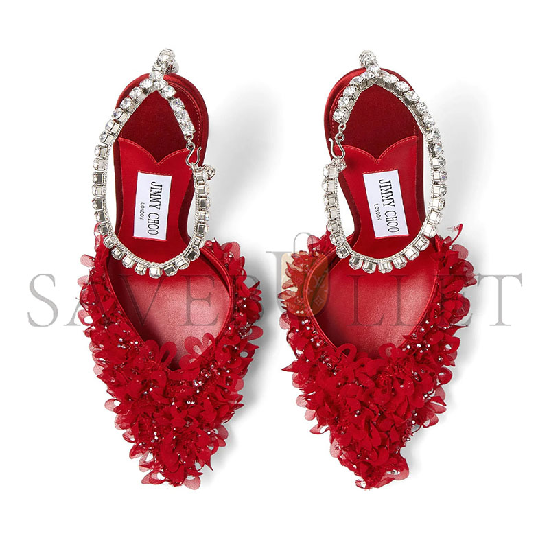 J1m*y Ch00 saeda 100ruby red mesh pumps with petal embroidery saeda100bsr
